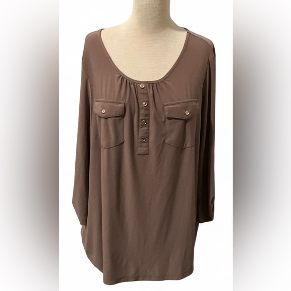 PerSeption Concept Mocha Mousse Blouse with Gold Button Details Women’s Size 1X - Picture 1 of 3
